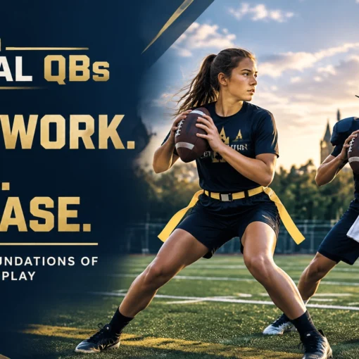 Capital QBs promotional banner showing two football players practicing quarterback drills on a field, with the bold gold slogan “Footwork. Eyes. Release.” and the line “The three foundations of quarterback play.”