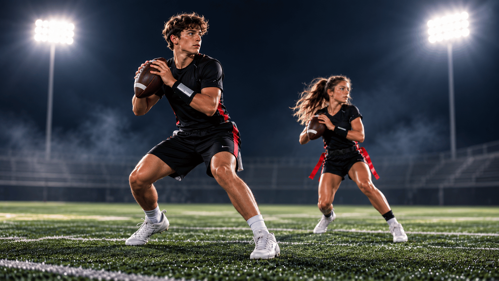 Boy and girl quarterbacks preparing to throw on a football field