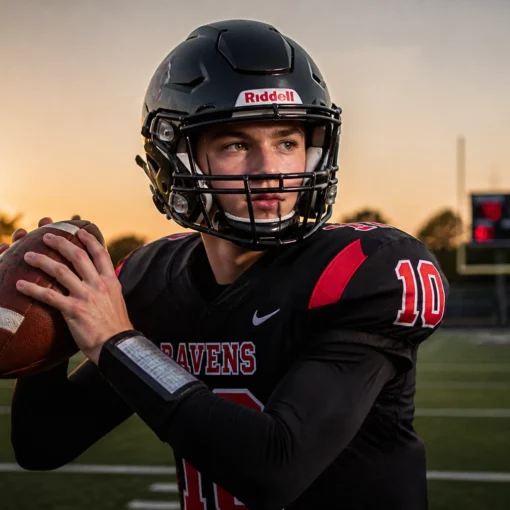 Quarterback in Ravens jersey holding football, ready to pass during sunset on the field.