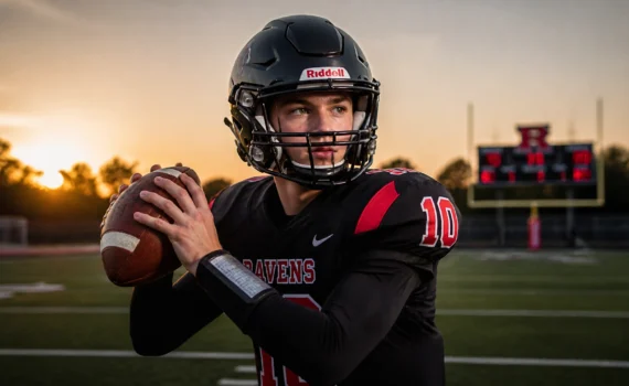 Quarterback in Ravens jersey holding football, ready to pass during sunset on the field.