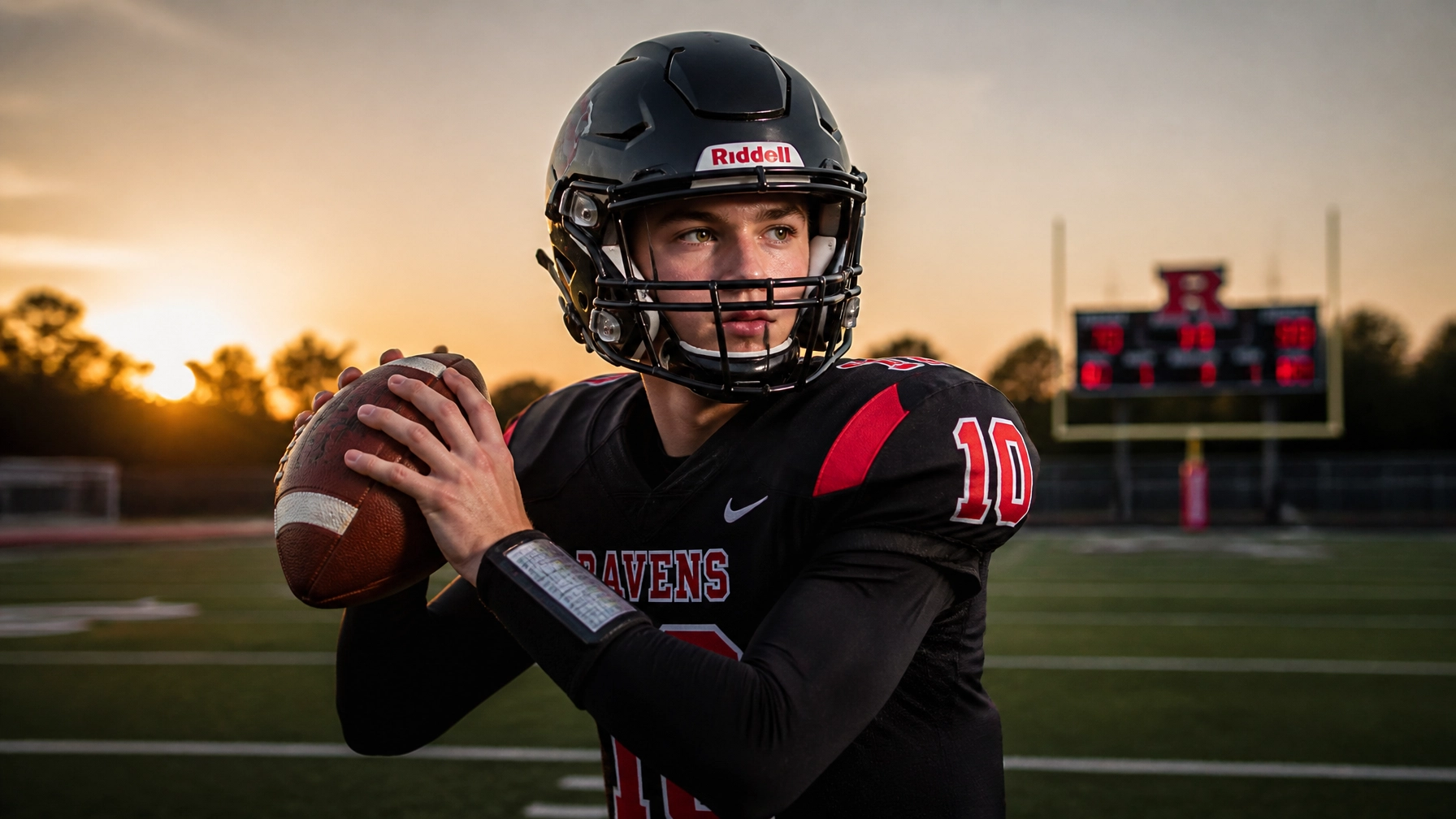 Quarterback in Ravens jersey holding football, ready to pass during sunset on the field.