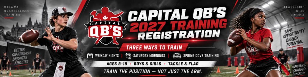 Capital QBs 3 Training Sessions – Capital QB's - Quarterback Training Ottawa Banner for Capital QB's 2027 training registration with two young quarterbacks and bold 'Three Ways to Train' message on a stadium backdrop.