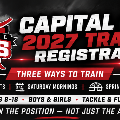 Banner for Capital QB's 2027 training registration with two young quarterbacks and bold 'Three Ways to Train' message on a stadium backdrop.