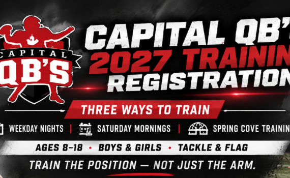 Banner for Capital QB's 2027 training registration with two young quarterbacks and bold 'Three Ways to Train' message on a stadium backdrop.