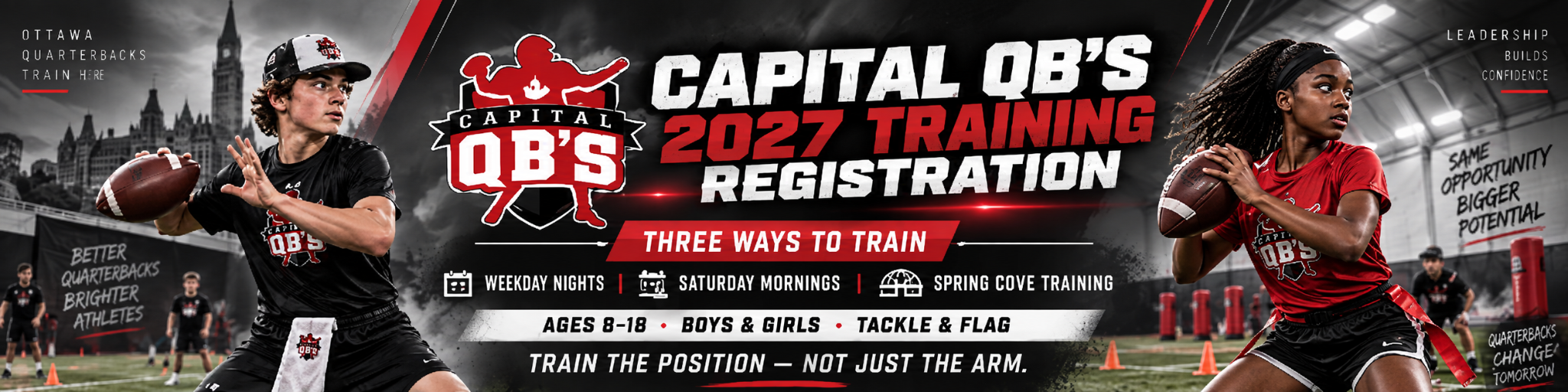 Banner for Capital QB's 2027 training registration with two young quarterbacks and bold 'Three Ways to Train' message on a stadium backdrop.