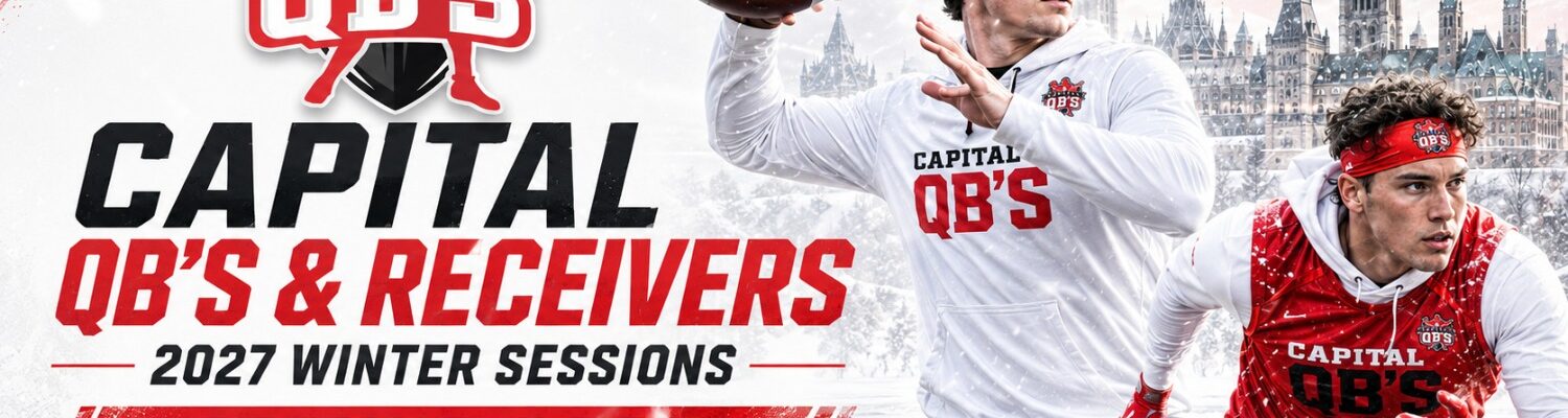 Promo banner for Capital QB's & Receivers 2027 Winter Sessions in Ottawa, featuring two football players and a snowy cityscape.