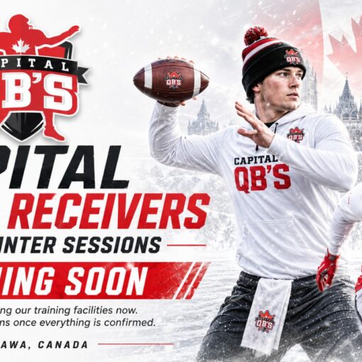 Promo banner for Capital QB's & Receivers 2027 Winter Sessions in Ottawa, featuring two football players and a snowy cityscape.