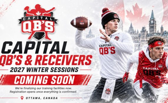 Promo banner for Capital QB's & Receivers 2027 Winter Sessions in Ottawa, featuring two football players and a snowy cityscape.