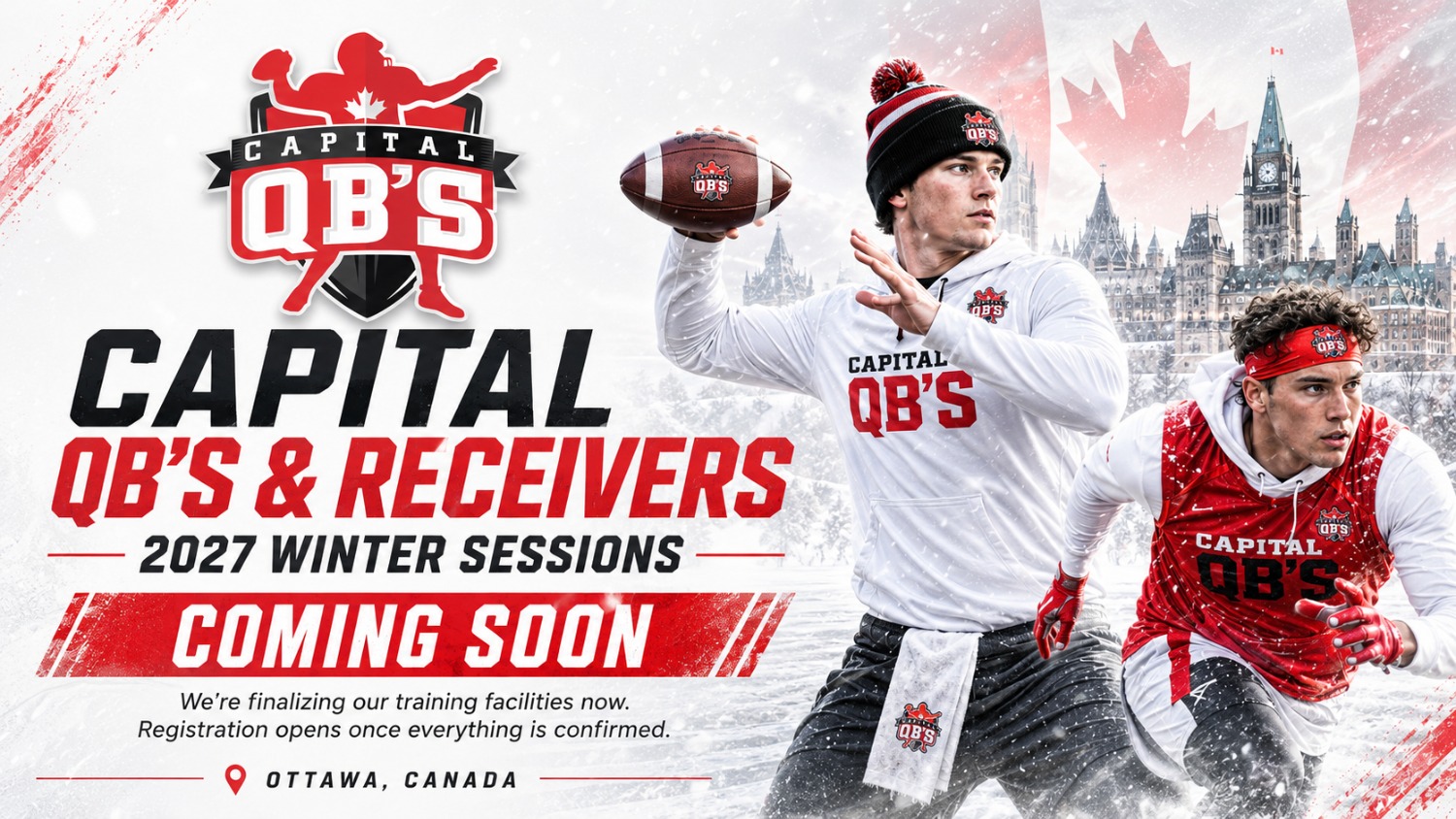Promo banner for Capital QB's & Receivers 2027 Winter Sessions in Ottawa, featuring two football players and a snowy cityscape.