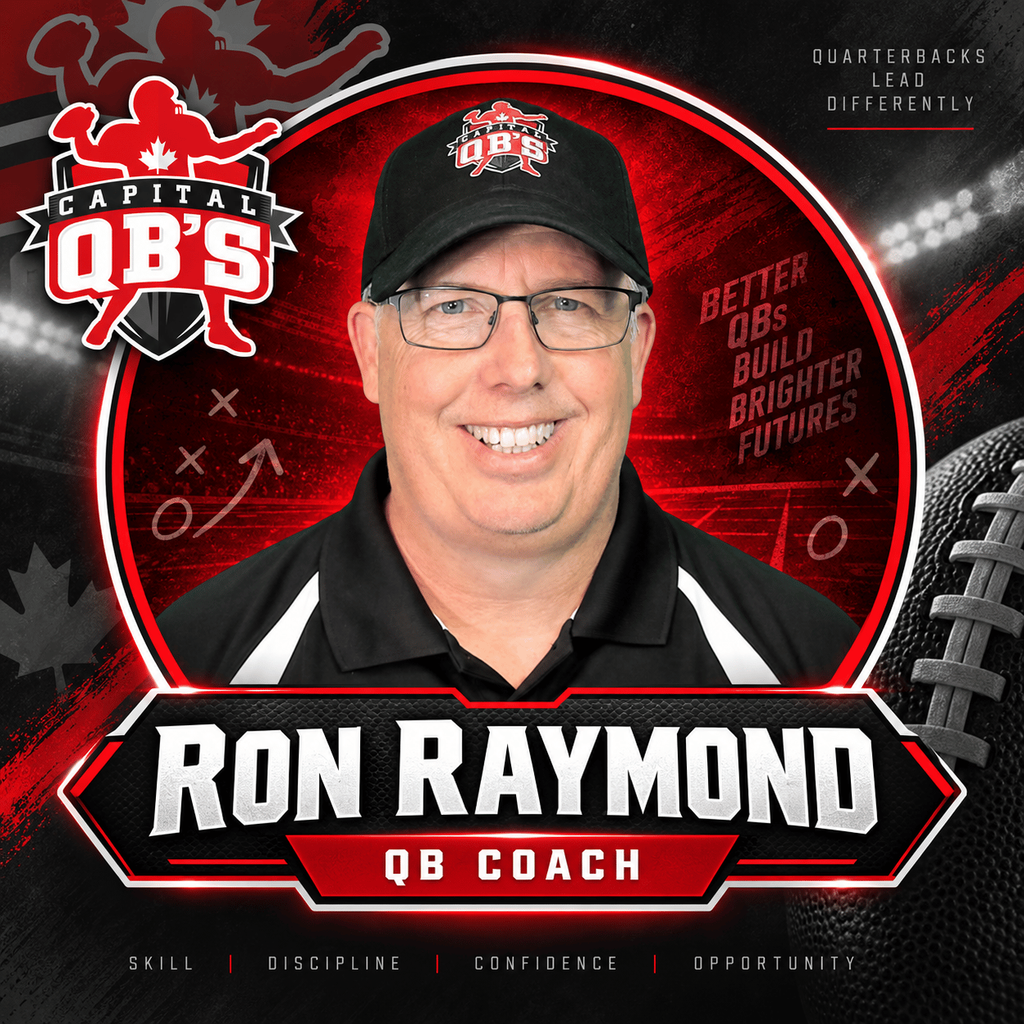 Coach Ron RPO Training – Capital QB's - Quarterback Training Ottawa Portrait of Ron Raymond, QB coach, wearing a black cap, inside a red circular frame with Capital QB's logo in the top left and 'QB Coach' banner at the bottom.