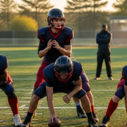 Quarterback behind the offensive line, holding the ball at the line of scrimmage during a football drill on a sunlit field.