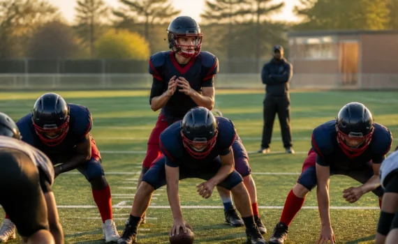 Quarterback behind the offensive line, holding the ball at the line of scrimmage during a football drill on a sunlit field.