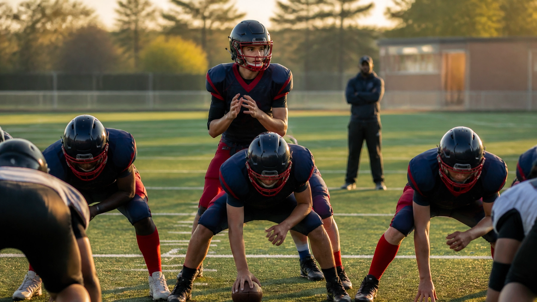 Quarterback behind the offensive line, holding the ball at the line of scrimmage during a football drill on a sunlit field.