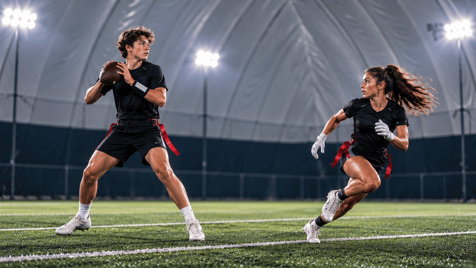 Boy quarterback and girl receiver training together inside a football dome