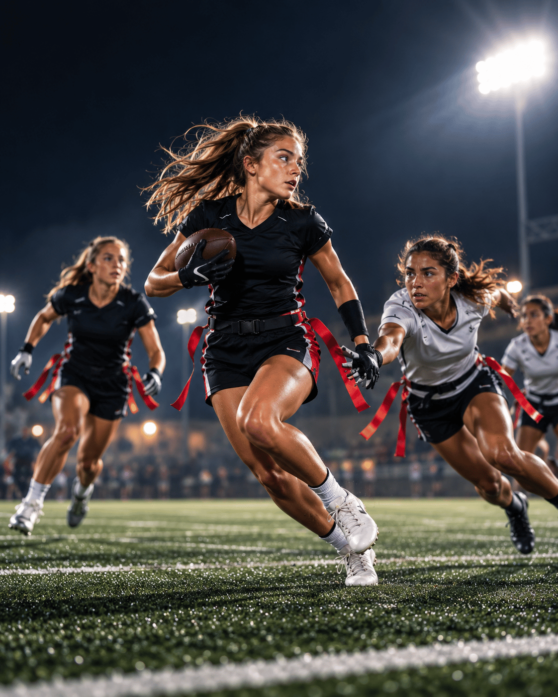 Girls playing competitive flag football under stadium lights