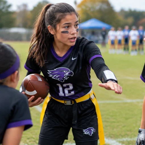 Girls' flag football team huddles on a field, center player with ball directing teammates.