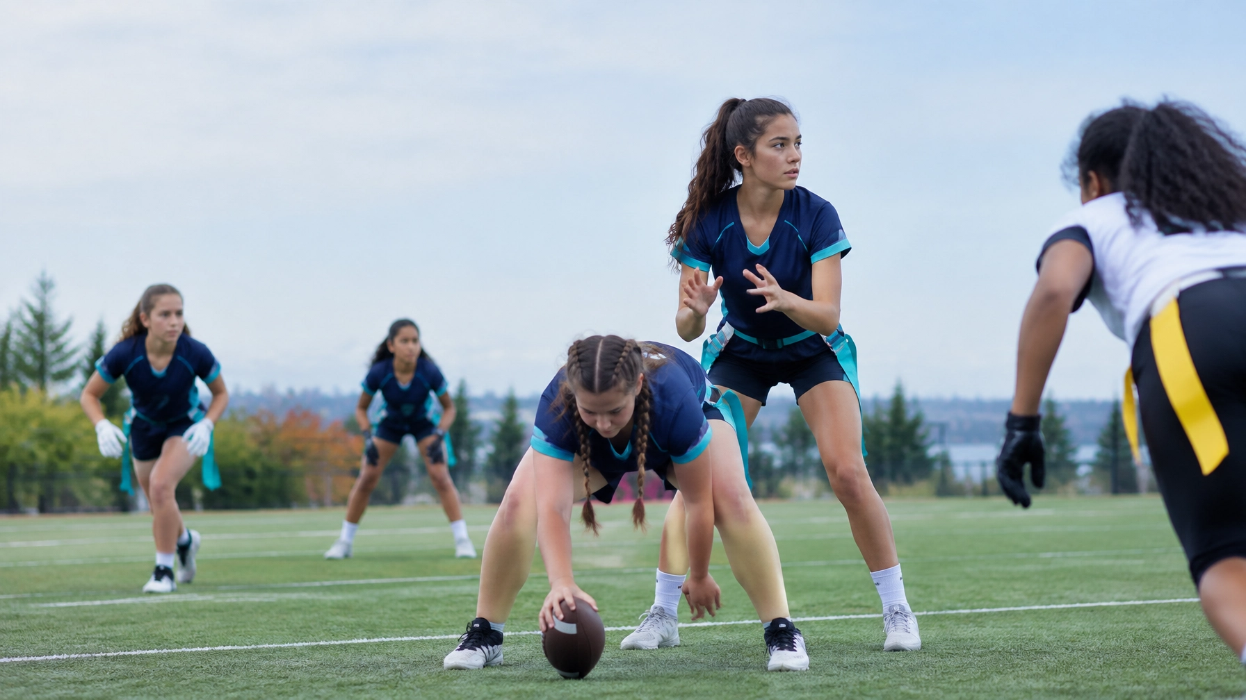 Girl crouches to snap a football on a grassy field while teammates prepare in blue uniforms in the background.