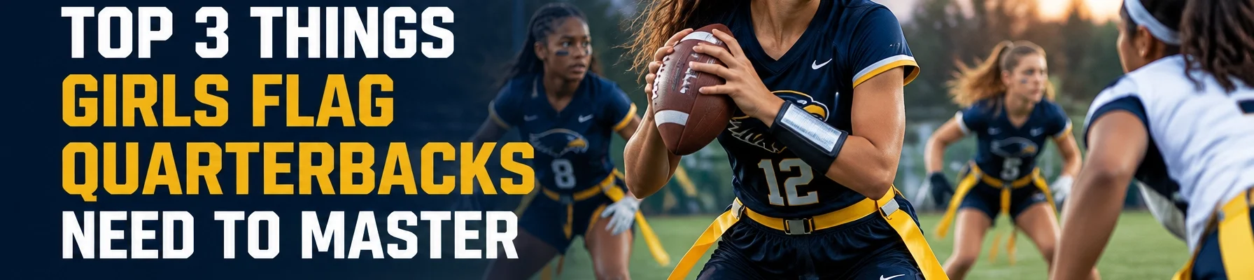Promotional banner for Capital QBs: a female flag football quarterback prepares to pass as teammates defend, with the headline about the top 3 things girls flag quarterbacks need to master.