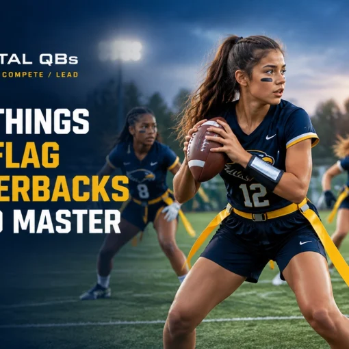 Promotional banner for Capital QBs: a female flag football quarterback prepares to pass as teammates defend, with the headline about the top 3 things girls flag quarterbacks need to master.