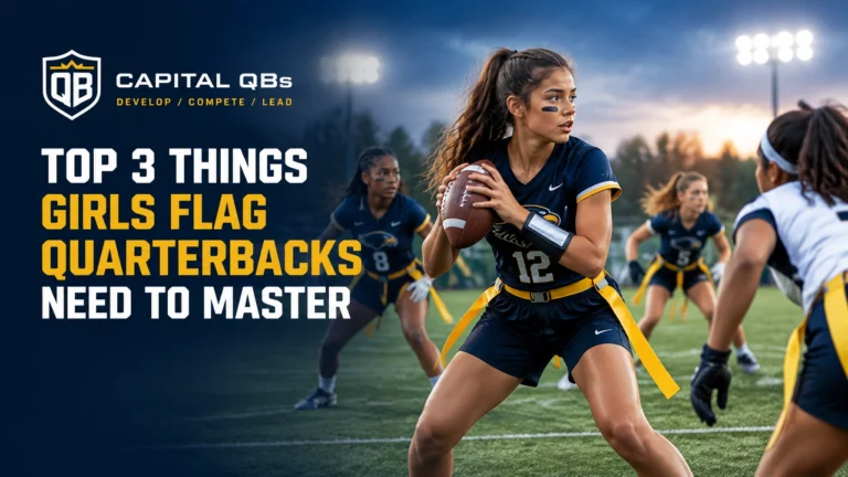 Promotional banner for Capital QBs: a female flag football quarterback prepares to pass as teammates defend, with the headline about the top 3 things girls flag quarterbacks need to master.