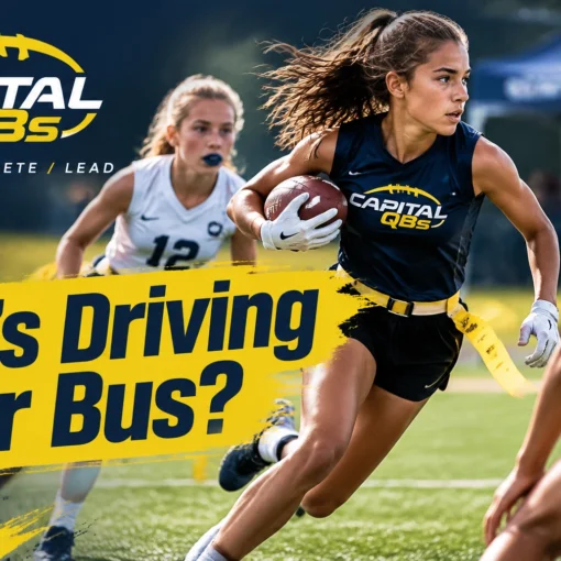 Capital QBS banner with athletes sprinting on a field and the bold slogan 'Who’s Driving Your Bus?'