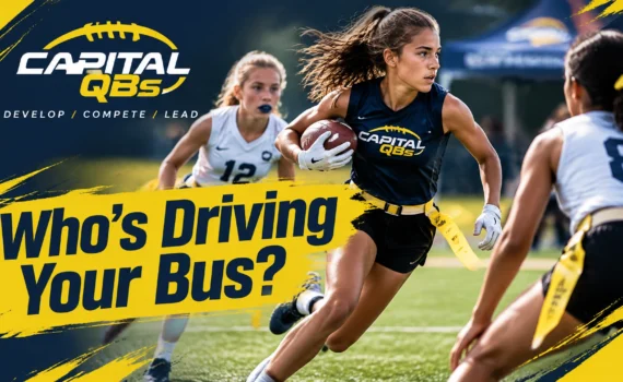 Capital QBS banner with athletes sprinting on a field and the bold slogan 'Who’s Driving Your Bus?'