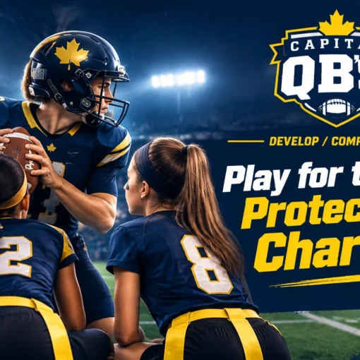 Youth football players in blue and yellow huddle on a stadium field beside a bold banner reading "Play for the Logo. Protect Your Character." with a Capital QBs logo above.