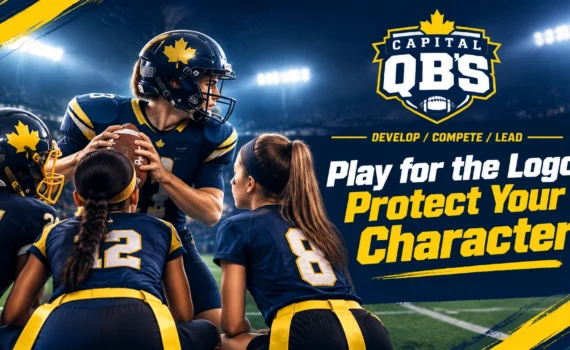 Youth football players in blue and yellow huddle on a stadium field beside a bold banner reading "Play for the Logo. Protect Your Character." with a Capital QBs logo above.