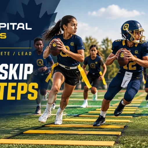 Promotional banner for Capital QBs showing athletes sprinting with agility ladders on a football field and the slogan Don't Skip the Steps.