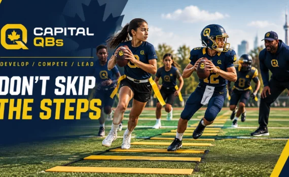Promotional banner for Capital QBs showing athletes sprinting with agility ladders on a football field and the slogan Don't Skip the Steps.
