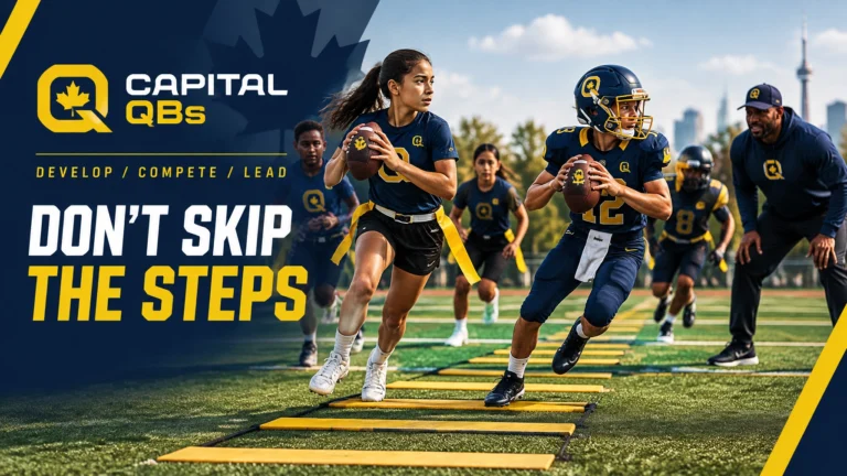 Promotional banner for Capital QBs showing athletes sprinting with agility ladders on a football field and the slogan Don't Skip the Steps.